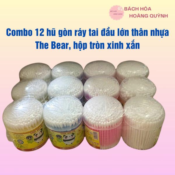 Combo 12 hộp tăm bông ráy tai lớn thân nhựa The Bear – hộp tròn