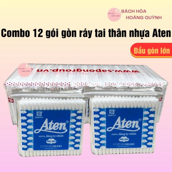 Combo 12 gói gòn ráy tai lớn thân nhựa Aten, tăm bông vệ sinh tai, trang điểm ,gòn ráy tai lớn thân nhựa trắng an toàn